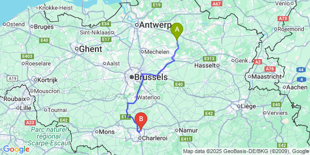 Map: Charleroi Airport Brussels South (CRL) to Voortkapel