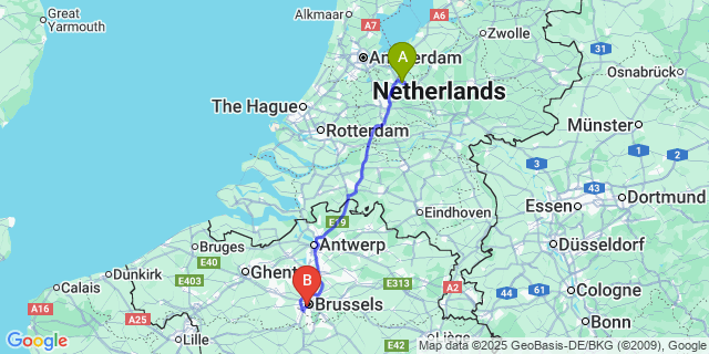 Map: Brussels Midi Train Station to Baarn