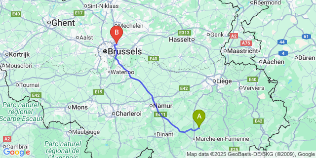 Map: Brussels Zaventem Airport (BRU) to Deulin