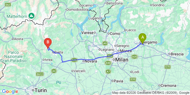 Map: Milan Bergamo Airport (BGY) to Alagna