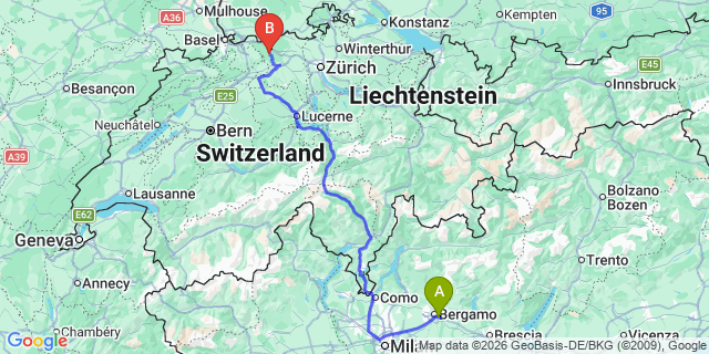 Map: Milan Bergamo Airport (BGY) to Alba