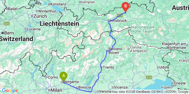 Map: Milan Bergamo Airport (BGY) to Alleghe