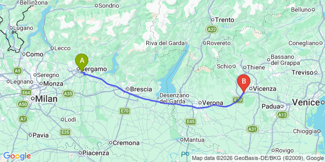 Map: Milan Bergamo Airport (BGY) to Altavilla Vicentina