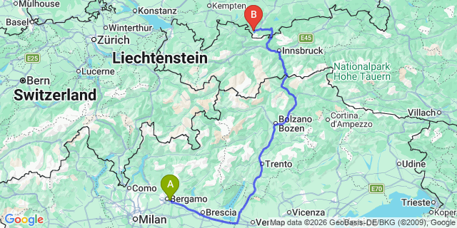 Map: Milan Bergamo Airport (BGY) to Andalo