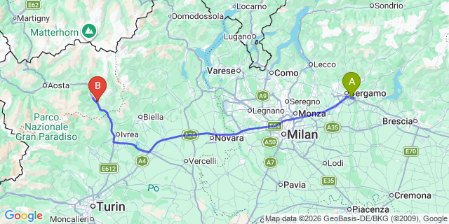 Map: Milan Bergamo Airport (BGY) to Arnad