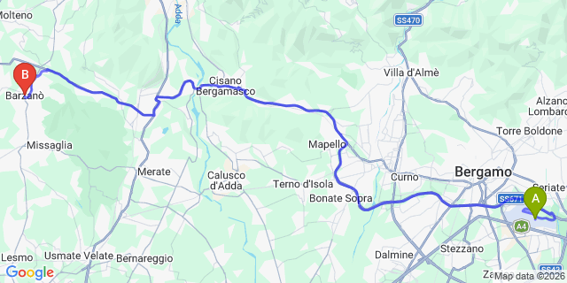 Map: Milan Bergamo Airport (BGY) to Barzano