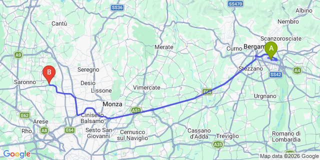 Map: Milan Bergamo Airport (BGY) to Blevio (Lago di Como)