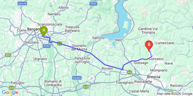 Map: Milan Bergamo Airport (BGY) to Boario Terme