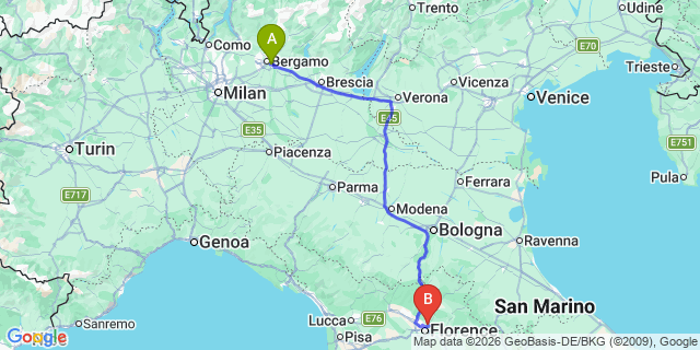 Map: Milan Bergamo Airport (BGY) to Bologna airport