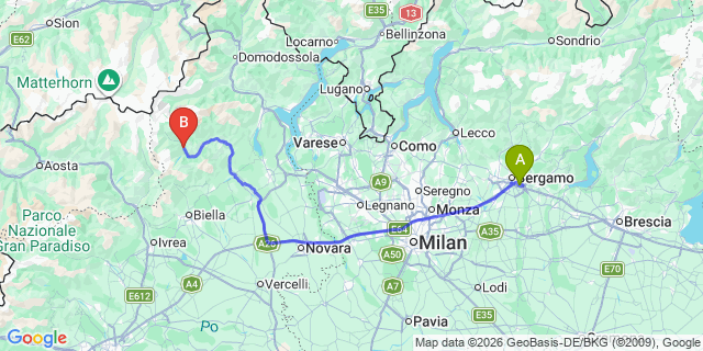 Map: Milan Bergamo Airport (BGY) to Campertogno