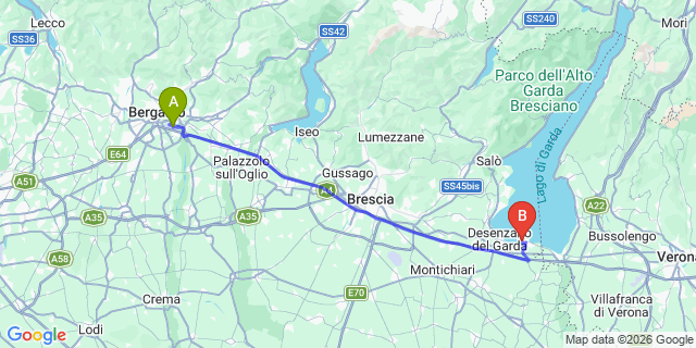 Map: Milan Bergamo Airport (BGY) to Camping San Francisco (Desenzano)