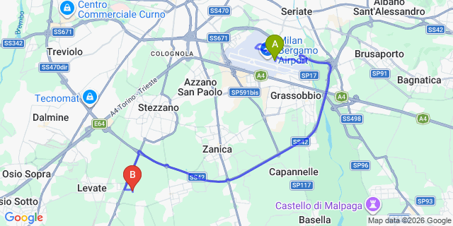 Map: Milan Bergamo Airport (BGY) to Caravaggio