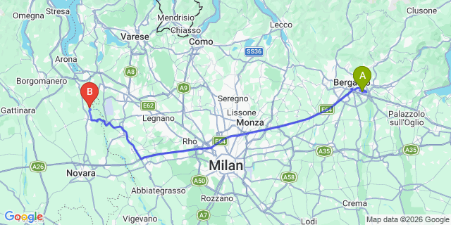 Map: Milan Bergamo Airport (BGY) to Castelletto sopra Ticino
