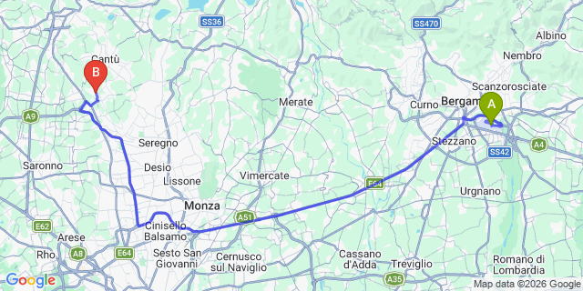Map: Milan Bergamo Airport (BGY) to Castello di Carimate, Carimate, Como
