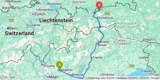 Map: Milan Bergamo Airport (BGY) to Cavalese