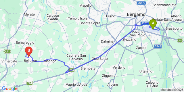 Map: Milan Bergamo Airport (BGY) to Cavenago di Brianza