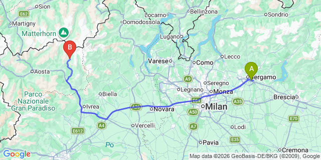 Map: Milan Bergamo Airport (BGY) to Champoluc-Champlan