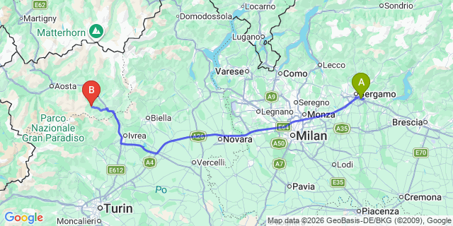 Map: Milan Bergamo Airport (BGY) to Champorcher
