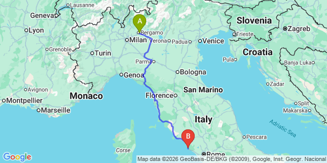 Map: Milan Bergamo Airport (BGY) to Civitavecchia town