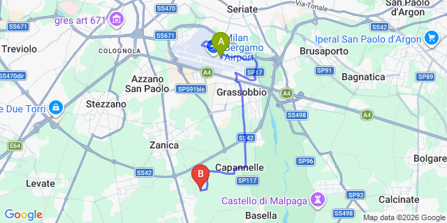 Map: Milan Bergamo Airport (BGY) to Codogno