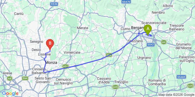 Map: Milan Bergamo Airport (BGY) to Cremia