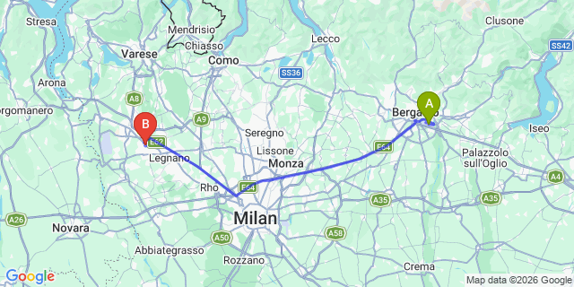 Map: Milan Bergamo Airport (BGY) to Genoa airport