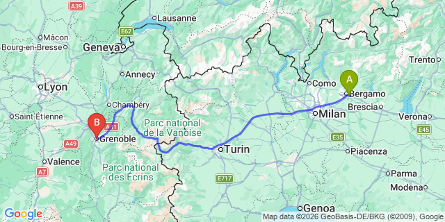 Map: Milan Bergamo Airport (BGY) to Grenoble