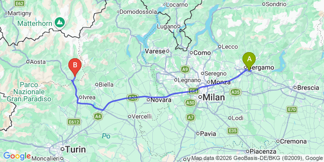 Map: Milan Bergamo Airport (BGY) to Gressoney La Trinite