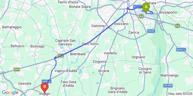 Map: Milan Bergamo Airport (BGY) to Inzago