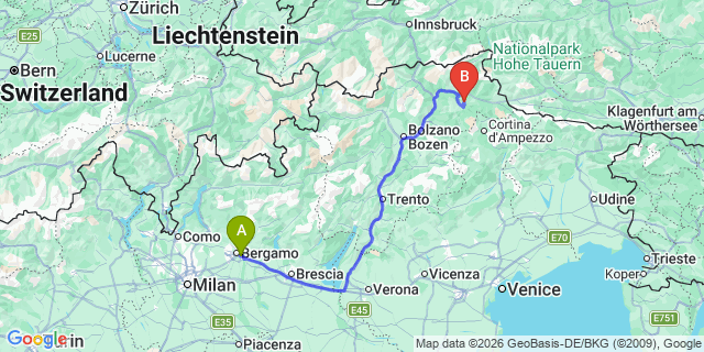 Map: Milan Bergamo Airport (BGY) to Kronplatz / Plan de Corones