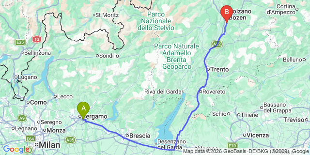 Map: Milan Bergamo Airport (BGY) to Laives