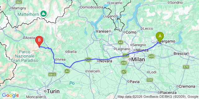 Map: Milan Bergamo Airport (BGY) to Limone Piemonte