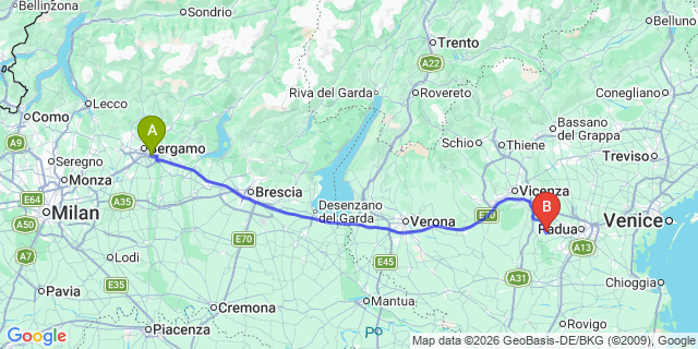 Map: Milan Bergamo Airport (BGY) to Mazzin di Fassa