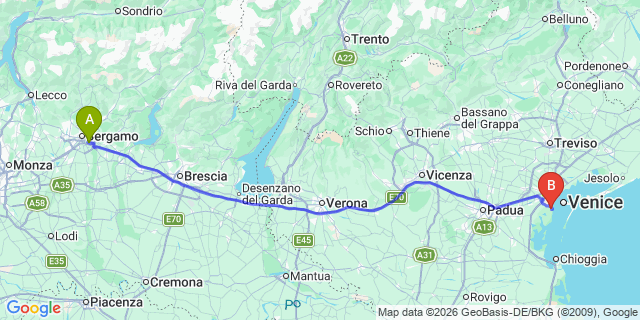 Map: Milan Bergamo Airport (BGY) to Mestre