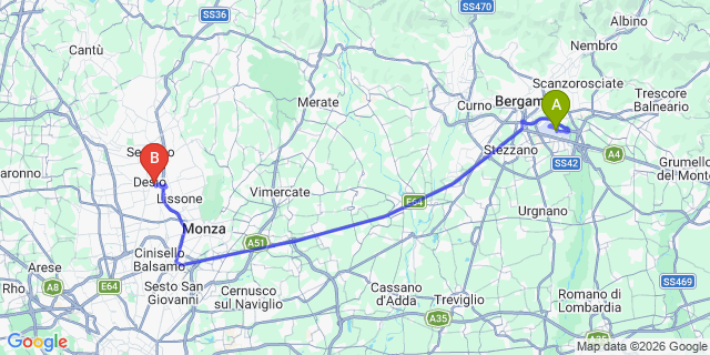 Map: Milan Bergamo Airport (BGY) to Milan Bicocca