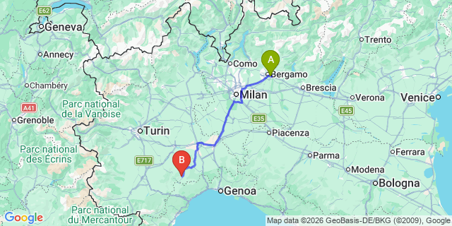 Map: Milan Bergamo Airport (BGY) to Mombaldone