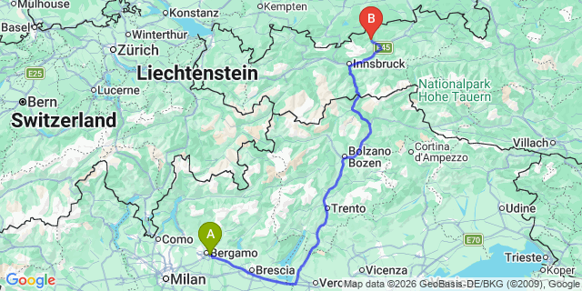 Map: Milan Bergamo Airport (BGY) to Ortisei