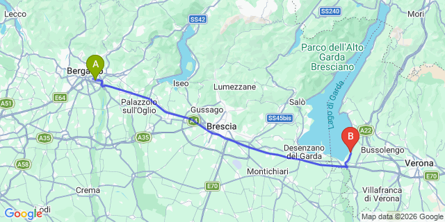 Map: Milan Bergamo Airport (BGY) to Pacengo di Lazise