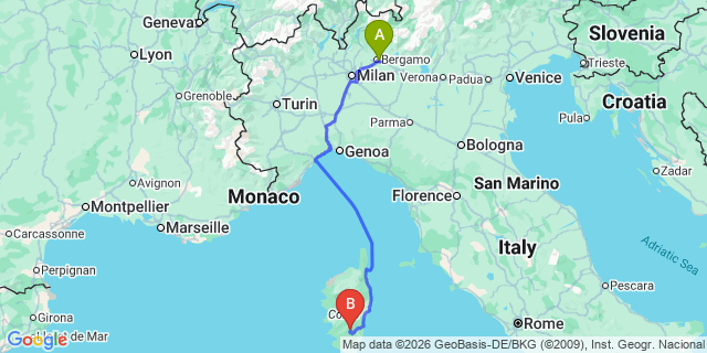 Map: Milan Bergamo Airport (BGY) to Pavia