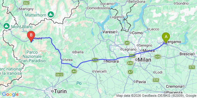 Map: Milan Bergamo Airport (BGY) to Pila-ciel Blu (Valle Daosta)