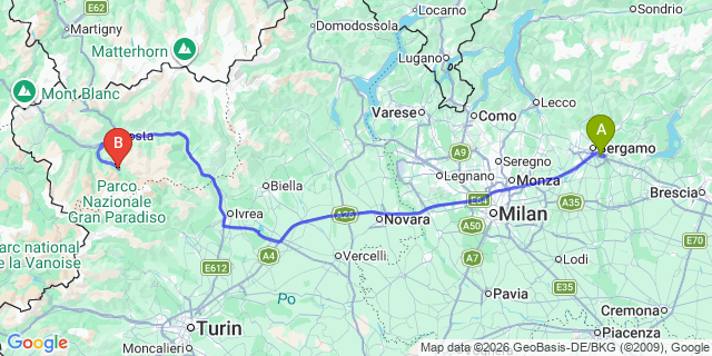 Map: Milan Bergamo Airport (BGY) to Pinerolo