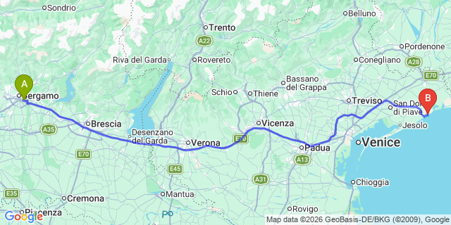 Map: Milan Bergamo Airport (BGY) to Porto Santa Margherita