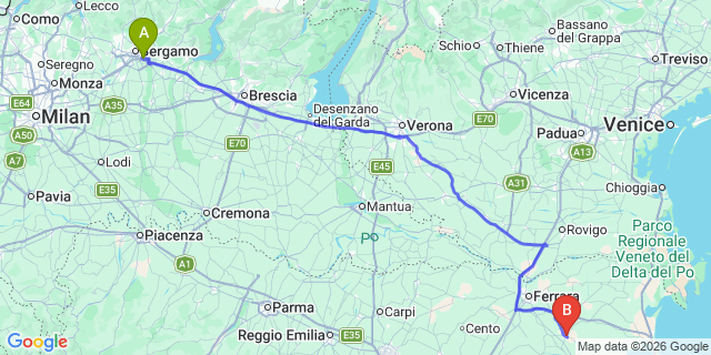 Map: Milan Bergamo Airport (BGY) to Portomaggiore
