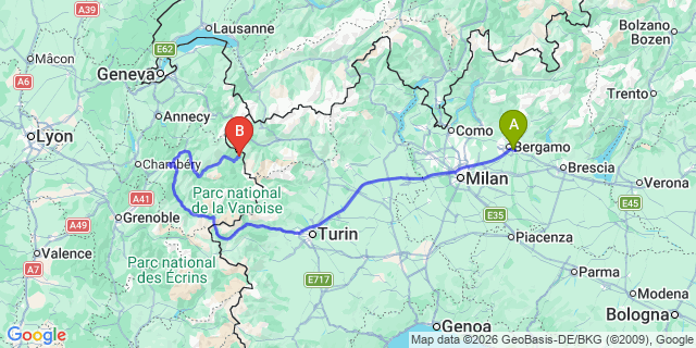 Map: Milan Bergamo Airport (BGY) to Pragelato