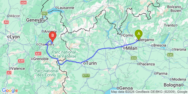 Map: Milan Bergamo Airport (BGY) to Puy-Saint-Vincent