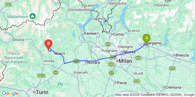 Map: Milan Bergamo Airport (BGY) to Saas-Fee