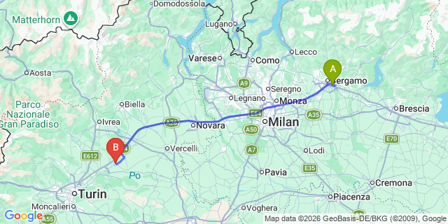 Map: Milan Bergamo Airport (BGY) to Saluggia