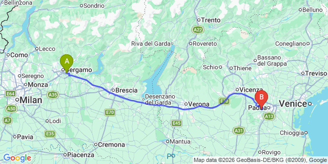 Map: Milan Bergamo Airport (BGY) to San Martino di Castrozza