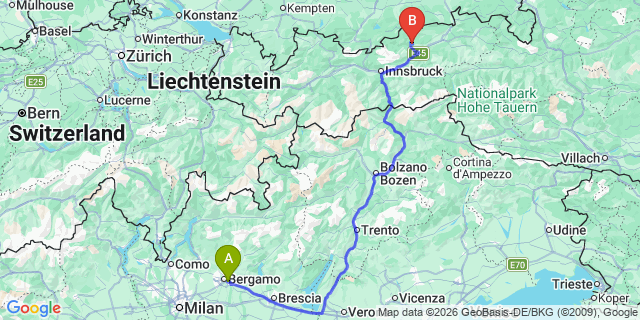 Map: Milan Bergamo Airport (BGY) to Selva di Val Gardena