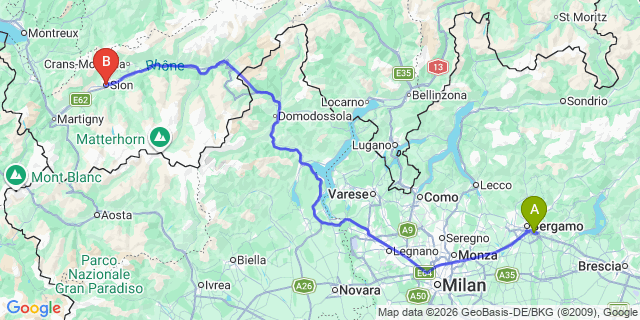 Map: Milan Bergamo Airport (BGY) to Sion (Switzerland)